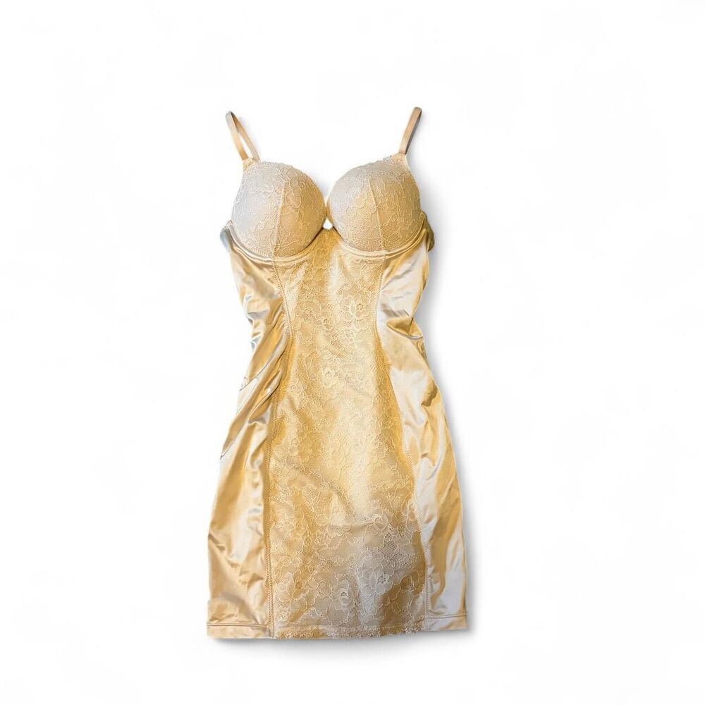 Self Expressions Maidenform Cream Satin Floral Lace Mini Slip Dress 34B Y2K